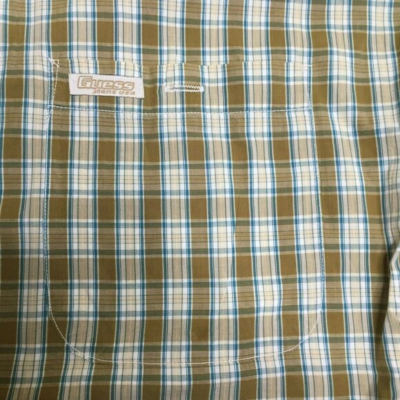 Guess Jeans Mens Short Sleeved Shirt Green Brown Checkered Cotton Size Large - Picture 5 of 10